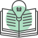 An illustration of an open book with lines representing text and a lightbulb above it, symbolizing ideas or learning. The lightbulb has a green circle background.